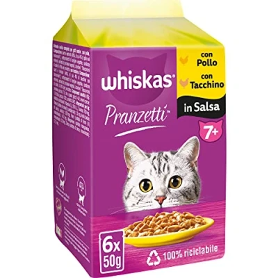 Afbeelding van Whiskas Lunch vlees wit 7+ senior, natvoer voor katten, 12 verpakkingen met elk 6 zakjes x 50 g (72 stuks in totaal)