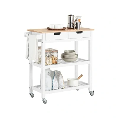 Afbeelding van SoBuy FKW68 WN Serveerwagen Hout Keukenkast Dressoir Trolley Keukentrolley met 2 Lades en Legborden Wit