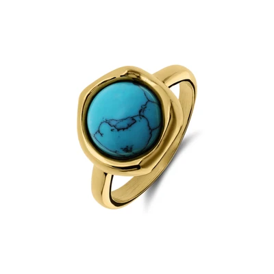 Afbeelding van Lucardi Dames Stalen goldplated Ring met turquoise Staal Goudkleurig 16 / 50 mm