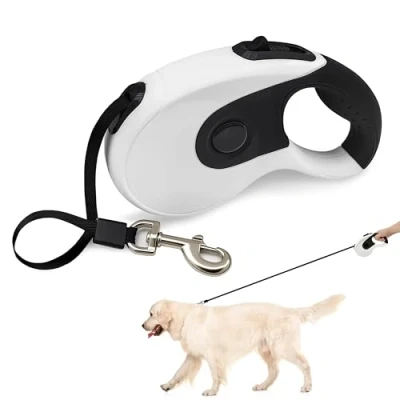 Afbeelding van Qianruida Intrekbare hondenriem, 5 m, hondenriem voor wandelingen, uittrekbare riem en van nylonband, 360 graden anti klitten, wit
