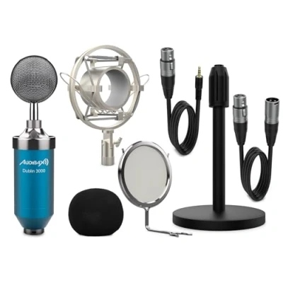 Afbeelding van Audibax Dublin 3000 Blue microfoon voor studio, met houders, anti pop en kabels, frequentierespons 40 Hz/20 kHz, nierkarakteristiek, blauw