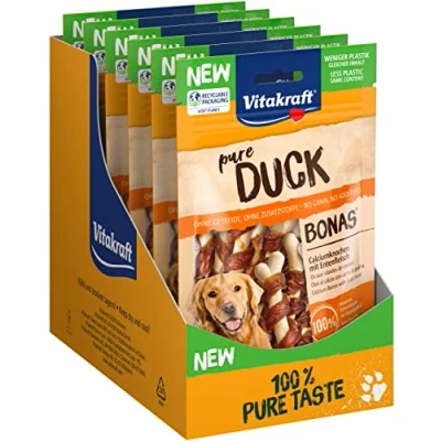 Afbeelding van Vitakraft Vleessnacks, eendbonas, hondensnack, calciumbotten met eendenvlees, in hersluitbare zak, zonder toegevoegde suiker en granen (8 x 80 g)