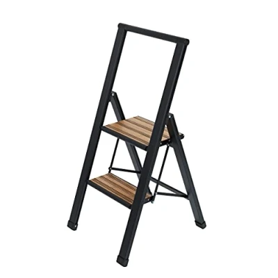 Afbeelding van WENKO Huishoudtrapje aluminium design, XXL treden, robuust in combinatie met bamboe