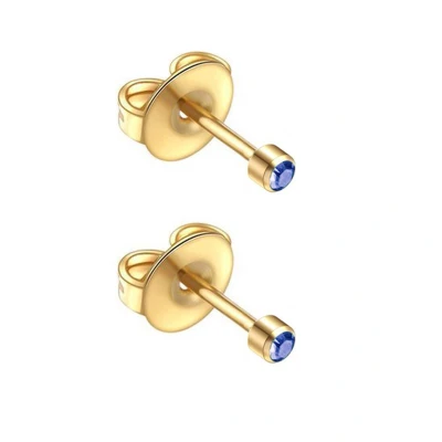 Afbeelding van Caflon 2mm mini goudkleurige stalen oorknopjes voor oorschieter hypoallergeen steriel verpakt met blauw steentje geboortesteen september