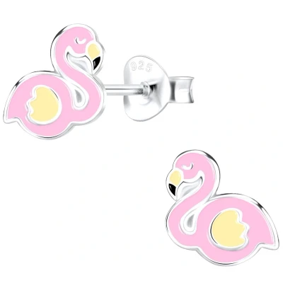 Afbeelding van JoyS Zilveren flamingo oorbellen 8 x 7 mm roze geel kinderoorbellen vogel