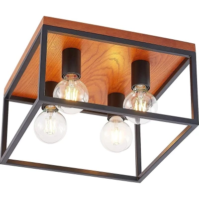 Afbeelding van Lindby plafondlamp 4 lichts staal, eikenhout H: 22.5 cm E27 eiken, zwart
