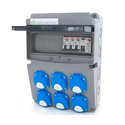 Afbeelding van ELS Elektrotechnika Wandverdeler stroomverdeler 6 x 230 V Schuko aardstroomonderbreker 40 A en stroomonderbreker 3 C16 A. Bouwstroomverdeler voor indoor/outdoor, werkplaatsen fabrieken.