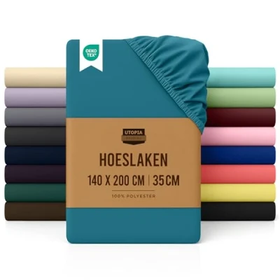Afbeelding van Utopia Bedding hoeslaken voor Frans bed 140 x 200 cm Denim Blauw geborsteld polyester microvezel elastisch