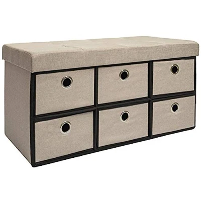 Afbeelding van DuneDesign Opvouwbare zitbank, 76 x 38 cm, incl. 6 laden, zitkist 80 l, gestoffeerde bank, ottomane, linnenlook modern beige grijs.
