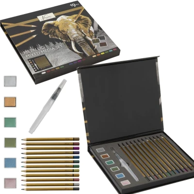 Afbeelding van Nassau Fine Art 19 Delige Metallic Mixed Media Set Kleurpotloden verf Waterbrush In Handige Opbergbox