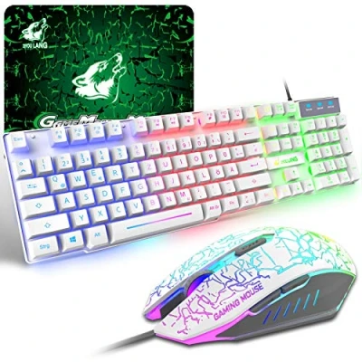 Afbeelding van Gaming Toetsenbord en Muis Set, 104 Toetsen Rainbow Backlit QWERTZ + 2400 DPI 6 Knoppen Ademhalings GRATIS Muismat Combo, USB Bedraad Compatibel met PS4, XBox (Adapter Nodig) Wit