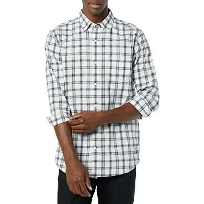 Afbeelding van Amazon Essentials Slim Fit Stretch Poplin Shirt met lange mouwen voor heren, marineblauw wit geruit, XS