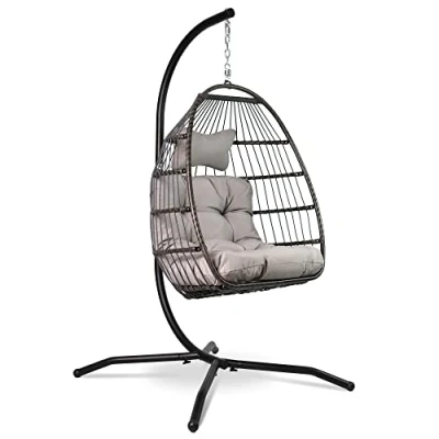 Afbeelding van Vita5 Egg Hangstoel Met Standaard Binnen en Buiten Cocoon Stoel Opvouwbaar Tot 150kg Incl. Kussen Lichtgrijs