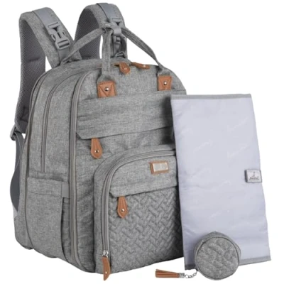 Afbeelding van BabbleRoo Extra grote luiertas rugzak, uitbreidbare babytas met tot 50% meer capaciteit Travel Essentials draagtas aankleedkussen, kinderwagenriemen en fopspeenhoes Unisex, lichtgrijs