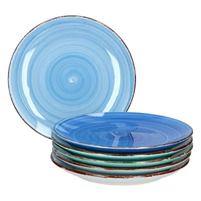 Afbeelding van MamboCat Blue 6x taartborden, blauw, robuust blauw aardewerk servies voor 6 personen, delige dessertbordenset, met moderne draaiknop, in leuke blauwtinten, blauwe borden, klein, stuks