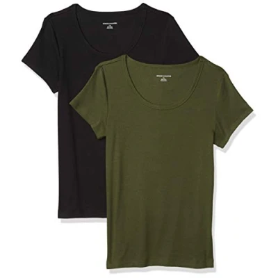 Afbeelding van Amazon Essentials Women&#039;s T shirt met kapmouwen, ronde hals en slanke pasvorm, Pack of 2, Donker olijfgroen/Zwart, M