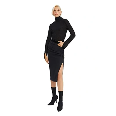 Afbeelding van Trendyol Vrouwen midi Hoge taille Potlood Zwarte basic geweven rok met splitdetail TWOSS20ET0045