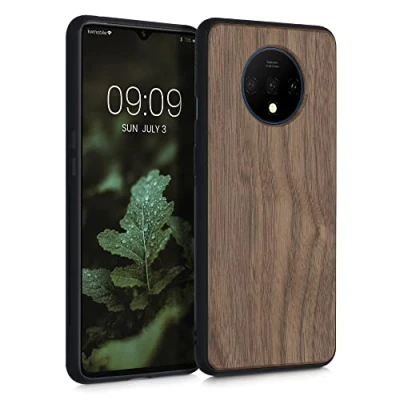 Afbeelding van kwmobile telefoonhoesje compatibel met OnePlus 7T hoesje Back cover van hout en TPU In donkerbruin