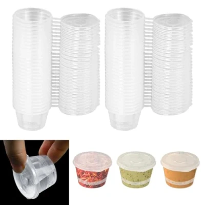 Afbeelding van LPAMABA 100 stuks opbergdozen met deksel, 25 ml, vershouddozen, lekvrij, kleine herbruikbare plastic containers, sausbekers voor sauzen, dips, specerijen, magnetronbestendig