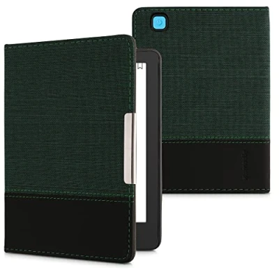 Afbeelding van kwmobile ereader hoesje met magneetsluiting Compatibel Kobo Aura Edition 2 Van kunstleer en canvas In donkergroen/zwart