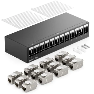 Afbeelding van deleyCON 12 Poorts CAT7 Patchpanel Set met 12x CAT.7 RJ45 Keystone Jack Module STP 10 Gbit/s Distributiepaneel Compatibel Installatiekabel CAT6 CAT6a CAT8 Ethernet LAN Netwerkkabel Zwart