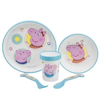 Afbeelding van Herbruikbaar antislip kinderservies met tweekleurige siliconen basis, bestaande uit borden, kom, beker en bestek in Peppa Pig Box