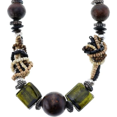 Afbeelding van Behave Ketting met bruine houten kralen en groene glaskralen