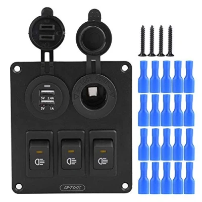 Afbeelding van Keenso Tuimelschakelaar voor auto, boot, waterdicht, led, 3 versnellingen, tuimelschakelaar, schakelpaneel + dubbele USB oplader sigarettenaansteker 12 V/24 V, marine (geel)