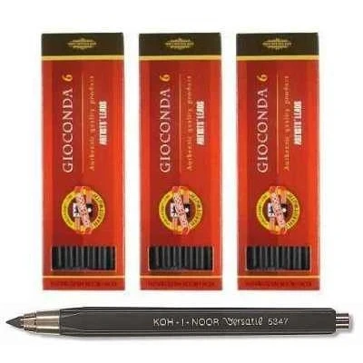 Afbeelding van KOH I NOOR 3 delige tekenkoolset + krijthouder 5,6 mm / 120 hard/middel/zacht Gioconda zwart