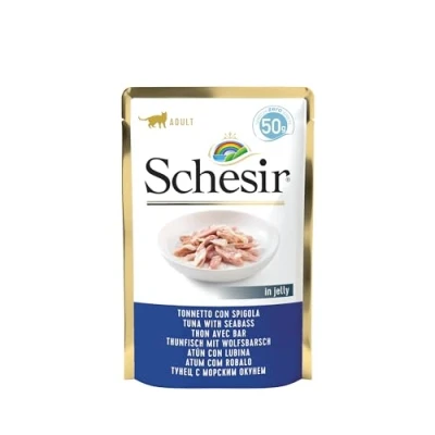 Afbeelding van Schesir Cat Jelly Tonijn met zeebaars, Kattenvoer Nat, 30 zakjes x 50 g