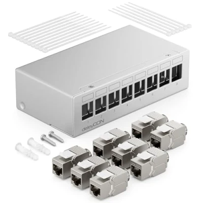 Afbeelding van deleyCON 8 Poorts Patchpanel Set Patch Field 1HE + 8x RJ45 Keystone Jack Module STP CAT6a Compatibel met Installatiekabels CAT5 CAT6 CAT7 Netwerkkabel Ethernet LAN DSL Grijs