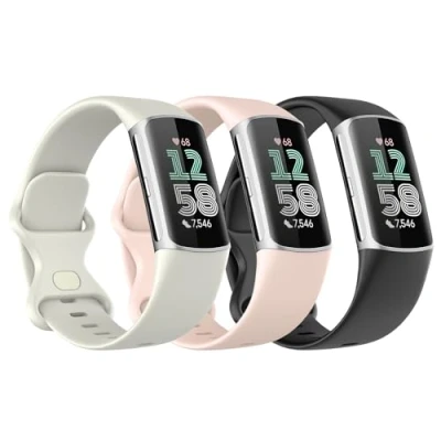 Afbeelding van Astorgos 3 Pack Straps Compatible with Fitbit Charge 6/Fitbit 5 for Women Men, Soft TPE Watch Strap Replacement Band, Black/Moon Whtte/Sand Pink
