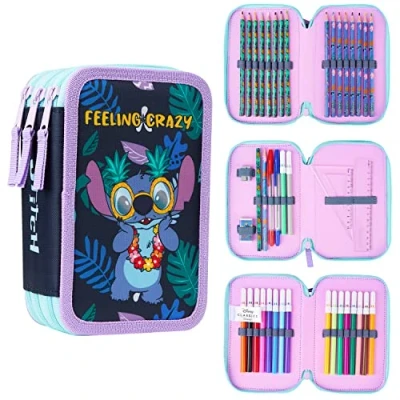 Afbeelding van Disney Stitch etui met briefpapier voor meisjes bevroren gevulde schoolbenodigdheden kleurpotloden gekleurde markers steek geschenken meisjes, Drievoudige ritssluiting, Eén maat,