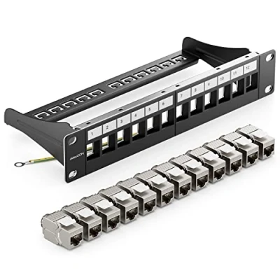 Afbeelding van deleyCON 12 Poorts Patchpaneel Set Modulair 1 U 10&quot; Inch Rekinstallatie + 12x RJ45 Keystone Modules CAT6a Compatibel met CAT5 CAT6 CAT7 LAN Netwerk Kabel Installatie Zwart