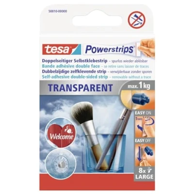 Afbeelding van Tesa Powerstrips Transparent, draagkracht 1 kg, transparant, blister van 8 stuks kleefstrips