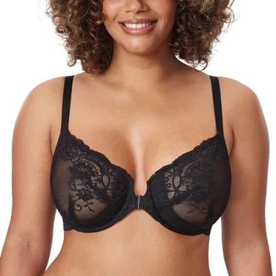 Afbeelding van DELIMIRA Vrouwen Kant BH met Voorsluiting Grote Borsten beugel Transparant Sexy Unlined zwart 95E