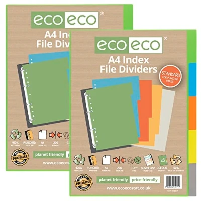 Afbeelding van eco A4 50% Gerecycleerde Multipunched Versterkte Kleur Set 5 Onderwerp Index File Dividers 200mic (Pack van 2)