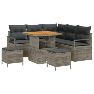 Afbeelding van vidaXL 8 delige Tuin Sofa Set met Kussens Grijs Poly Rattan Acacia, 2 Zits Rattan, 3 Eettafel Acacia