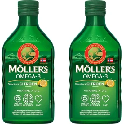 Afbeelding van Möller’s Omega 3 Levertraan citroen 2 x 250ml visolie vloeibaar met smaak van