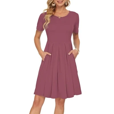 Afbeelding van AUSELILY Vrouwen Korte Mouwen Geplooid Los Swing Casual Jurk met Zakken Knielengte Mauve 2XL