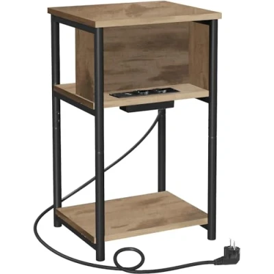 Afbeelding van VASAGLE Bijzettafel, klein nachtkastje met stekkerdoos, dun, 2 AC stopcontacten, USB poorten, 30 x 34 58 cm, voor woonkamer, slaapkamer, camelbruin en zwart LET375K01