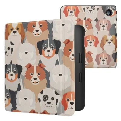 Afbeelding van kwmobile E reader hoesje geschikt voor Kobo Libra 2 hoes flip case met magnetische sluiting Ereader cover Honden Ontwerp design in wit / lichtbruin grijs