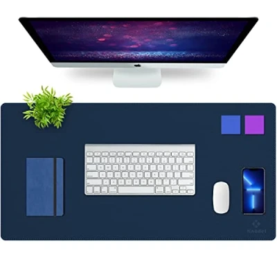 Afbeelding van tafelonderlegger, bureauonderlegger, 80 x 40 cm, PU lederen laptoptafelonderlegger, waterdichte bureauonderlegger voor kantoor of thuis, dubbelzijdig (donkerblauw)