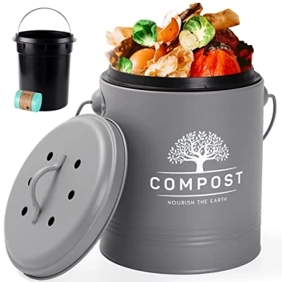 Afbeelding van PERFNIQUE compostbak voor keuken, 1,3 gallon met deksel, compostemmer binnen inclusief binnenemmervoering en koolstoffilter, kleine (grijs zakken) grijs (met