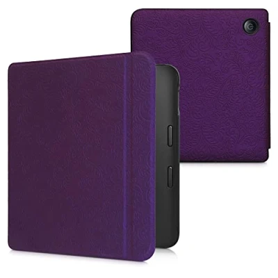 Afbeelding van kwmobile E reader hoesje geschikt voor Kobo Libra 2 hoes flip case met magnetische sluiting Ereader cover Gestanst bloemenpatroon design in paars