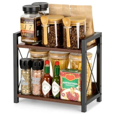 Afbeelding van ANBOXIT Kruidenrek, koffieorganizer, houten keukenrek, werkblad, 2 niveaus, kruidenorganizer, kruidenstandaard, keukenopslag en organisatie, klein rek voor keuken, hoek, kantoor, badkamer, bruin