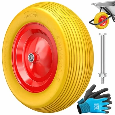 Afbeelding van MASKO® PU Kruiwagenwiel, massief rubber, 200 kg, lekvrij, 4,80/4,00 8, Ø 390 mm, as, reservewiel, rubberen velg, banden, lekvrij voor kruiwagen, tuinwagen, wiel, Geel/Rood