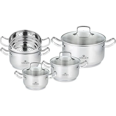 Afbeelding van Gerlach Simple Pannenset van roestvrij staal, kookpan met deksel, geschikt voor inductie, stoompan, 4 stuks, 1,5 l, 16 cm, 2,0 18 2,5 20 4,5 24 cm
