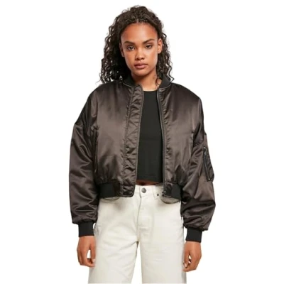 Afbeelding van Urban Classics Ladies Short Oversized Satin Bomber Jacket Bomberjacks, Dames, Maat: Large, Black