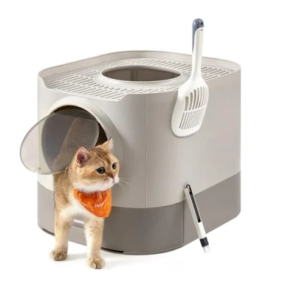 Afbeelding van Feandrea Kattenbak XXL met deksel, uitschuifbare bak, schep, borstel, ruim voor grote katten, minder sporen, lekvrije bodem, havermout warmgrijs PPT002G01